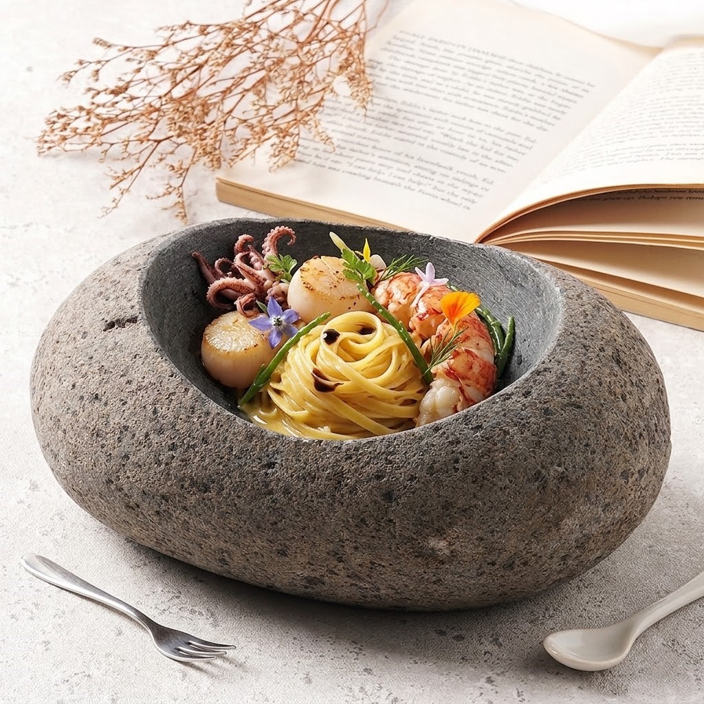 파인다이닝 발리 자연석 스톤 오발 볼 샐러드 파스타 디저트볼 1개, 19.5cm - 상품 이미지