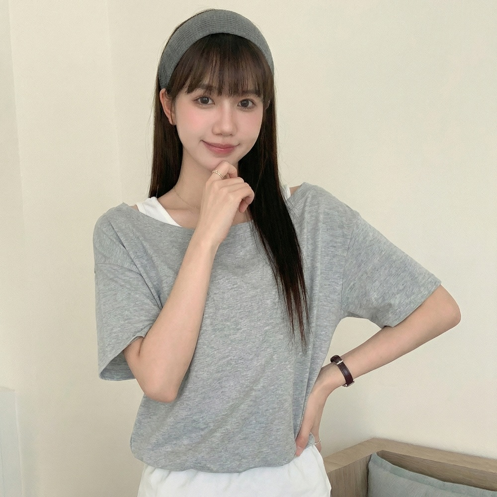 여름 루즈핏 오프숄더 레이어드 반팔 티셔츠 허리밴딩 체형커버 데일리룩 - 상세 이미지 5