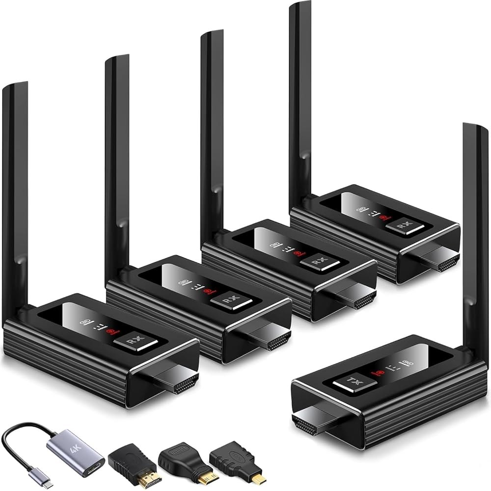 무선 HDMI 송신기 및 수신기 4개, 2025년 업그레이드된 멀티 TV 익스텐더, 플러그 앤 플레이, 5.8G / 2.4G@60Hz 165FT, 스플리터를 통해 노트북/카메라에서 - 상품 이미지