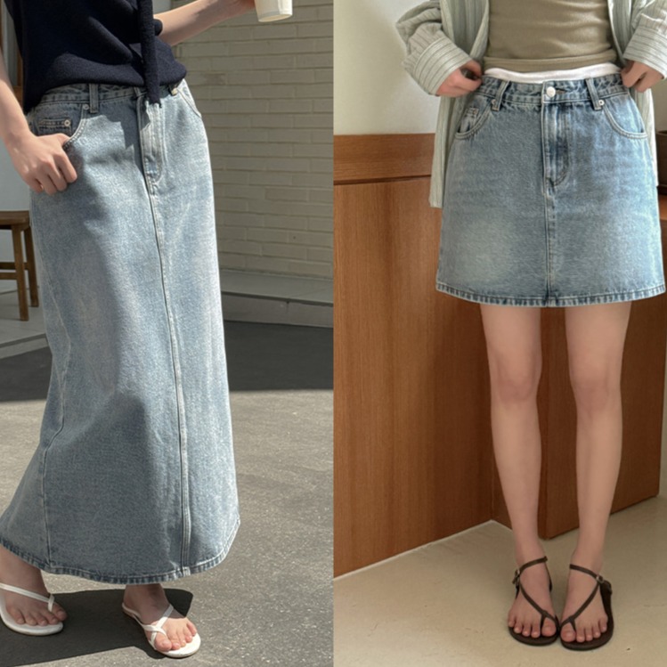워싱 데님 스커트 백포켓 가죽라벨 미들블루 - 상품 이미지