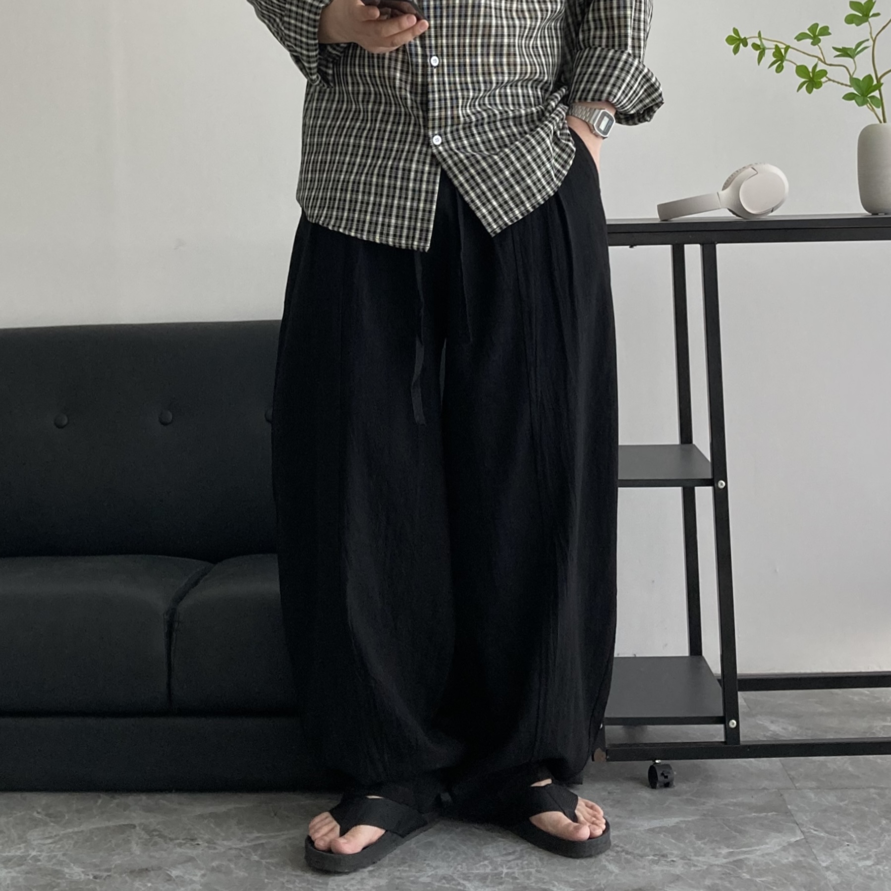 남자 린넨 커브드 볼륨 항아리 밴딩 벌룬 와이드팬츠 이미지 2