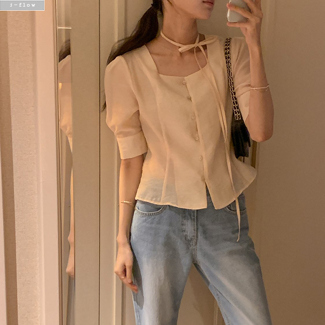포닛 스퀘어넥 라인 크롭 블라우스 3col 여름 봄 스트랩 절개 5부소매 시스루 제이플로우 - 상세 이미지 3