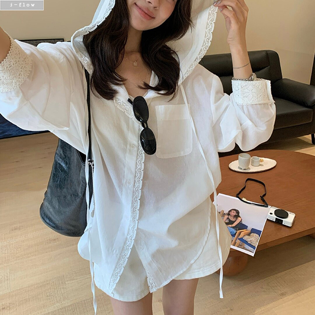 모무 후드 레이스자수 루즈핏 버튼 가디건 1col 봄 여름 시스루 셔츠 스티치 제이플로우 이미지 4