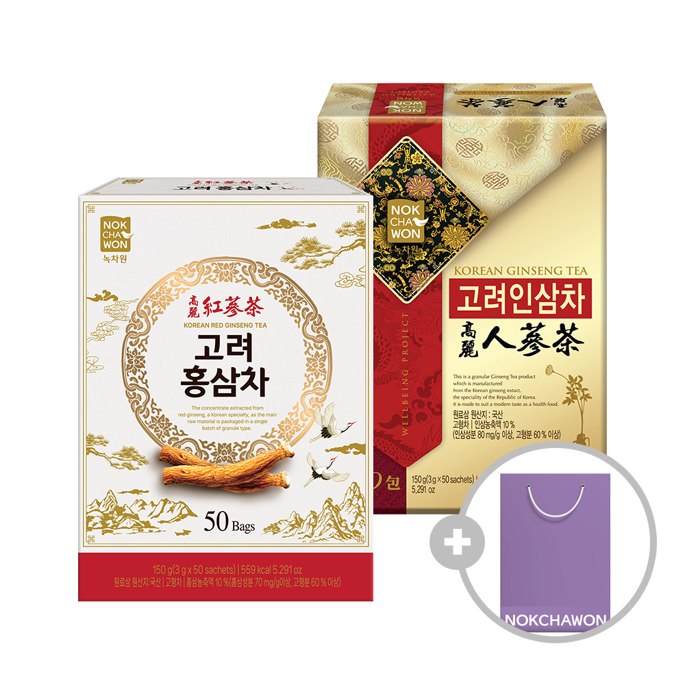 녹차원 고려인삼차 50포+고려홍삼차 50포+선물쇼핑백 - 상품 이미지