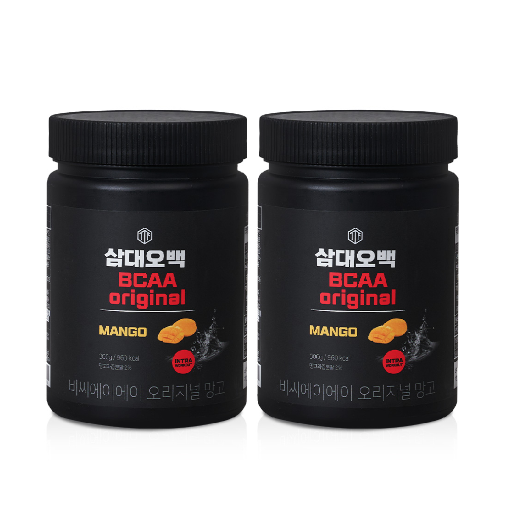 삼대오백 BCAA 망고맛 제품 2통을 정면에서 나란히 배치한 사진