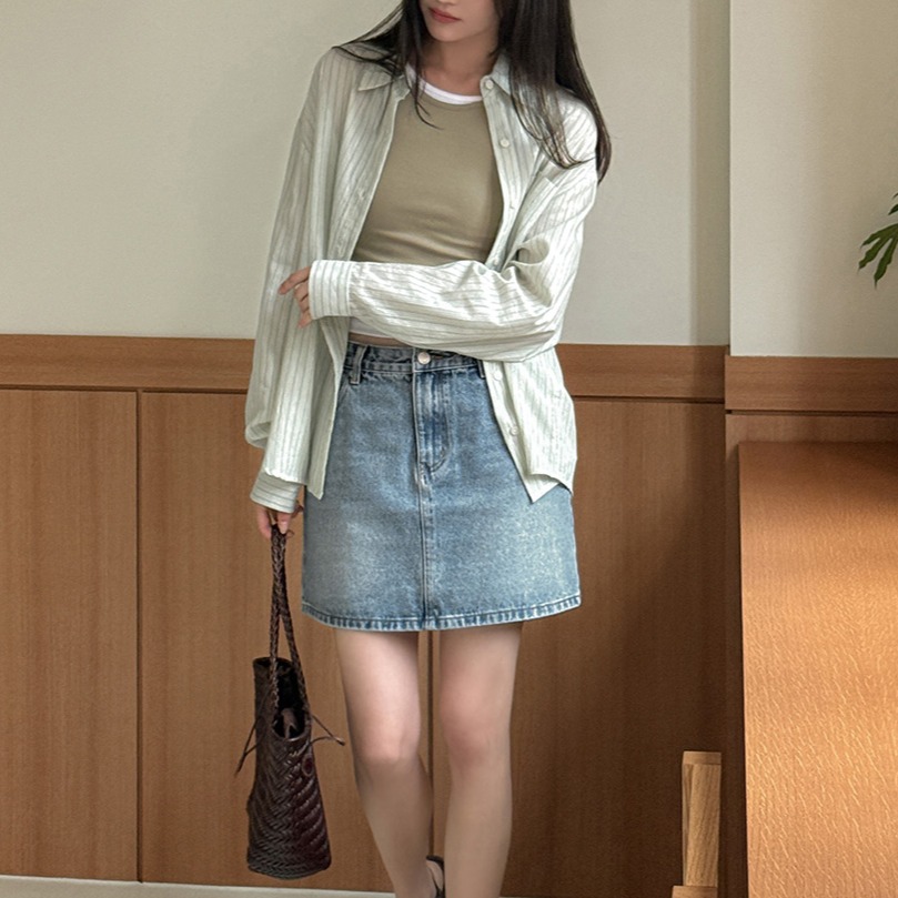 워싱 데님 스커트 백포켓 가죽라벨 미들블루 이미지 6