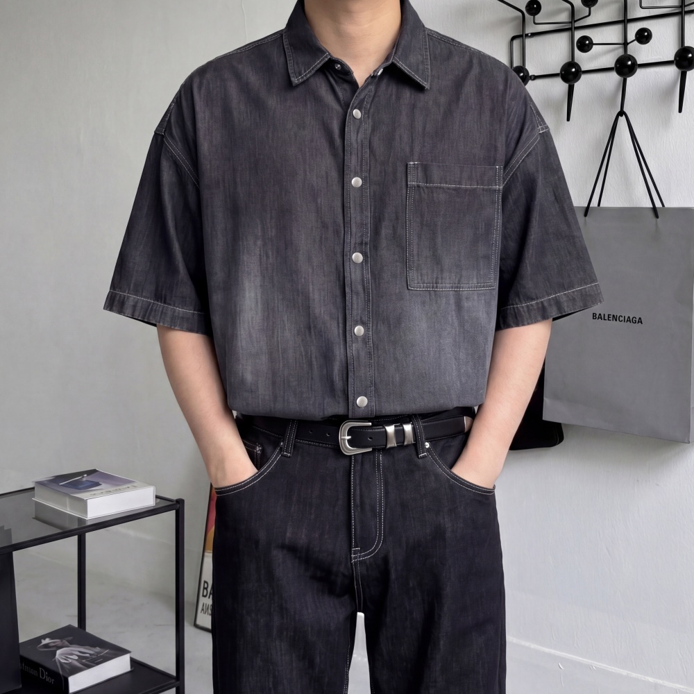 남자 여름 오버핏 청반팔셔츠 남성캐주얼 워싱 원포켓남방 이미지 8