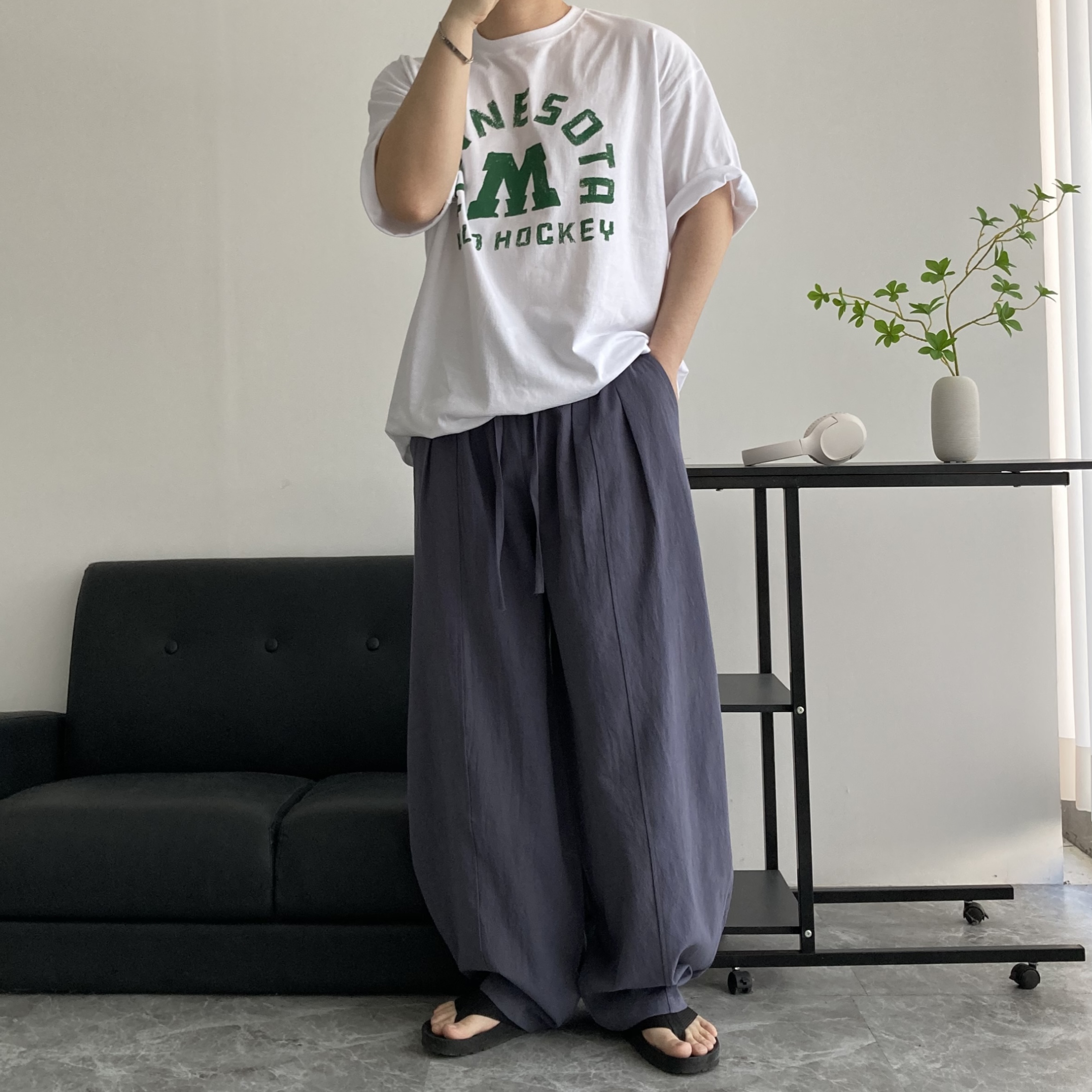 남자 린넨 커브드 볼륨 항아리 밴딩 벌룬 와이드팬츠 이미지 3