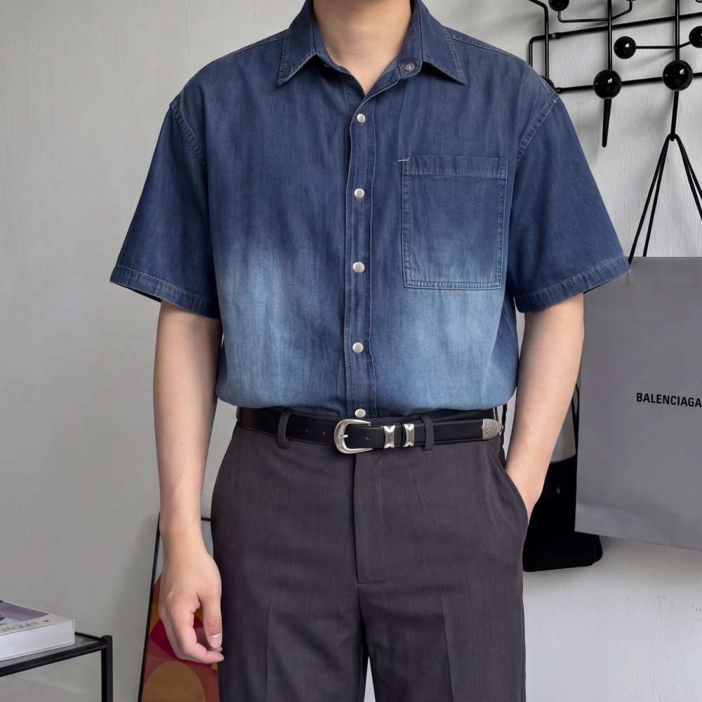 남자 여름 오버핏 청반팔셔츠 남성캐주얼 워싱 원포켓남방 - 상품 이미지