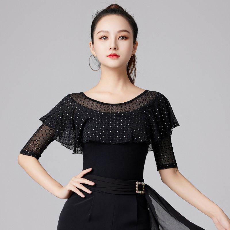 라인댄스복 시스루 러플 반팔 티셔츠 라틴 줌바 댄스 스포츠 사교 재즈 댄스 의상 상의 - 상세 이미지 4