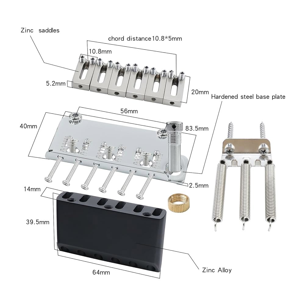 OVSAL 10.8mm 전기 기타 브리지 아연 합금 새들 블록 스테인리스 강판 2 포인트 트레몰로 브리지, 6줄 Start St 교체 부품(크롬)과 호환 가능 Black - 상세 이미지 3
