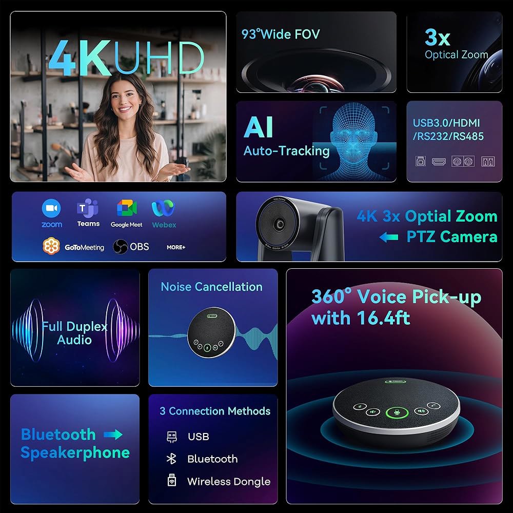 TONGVEO 회의실 카메라 시스템 4K UHD 3X 광학 줌 93 초광각 FoV USB3.0 PTZ 및 마이크 포함 무선 블루투스 스피커폰, Zoom, OBS, Skype, Te - 상세 이미지 2