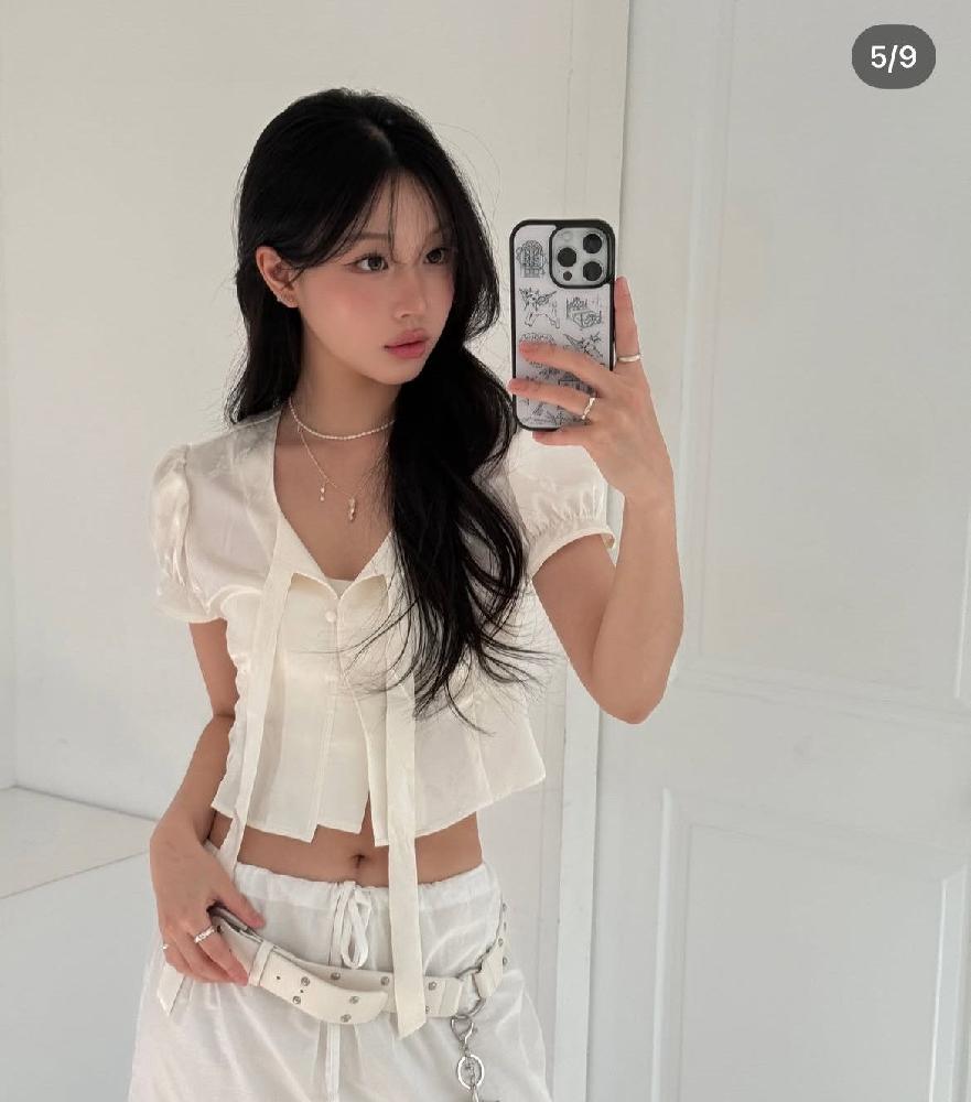 쉬폰 웨딩 크롭 셔츠 리본블라우스 레이스 반팔 남방 여름 블라우스 여성 흰색 새틴 탑 위 S - 상세 이미지 5