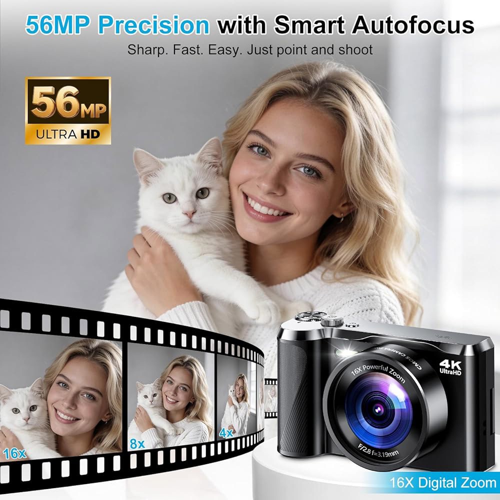 사진 및 여행용 4K 디지털 카메라, 3인치 180 플립 스크린, 16배 줌, 컴팩트 포인트 초보자를 위한 촬영 32GB 카드 포함 5,600만 화소 오토포커스 브이로그 카메라 - 상세 이미지 2