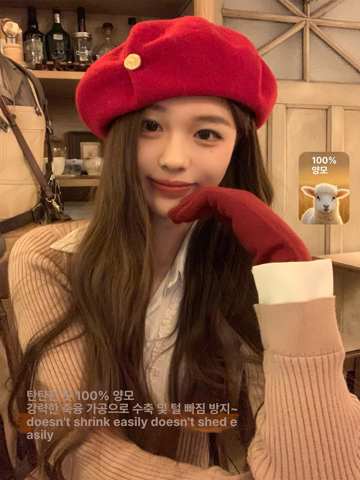 베레모 겨울 울 금장 로고 핀턱 화가모자 - 상세 이미지 2