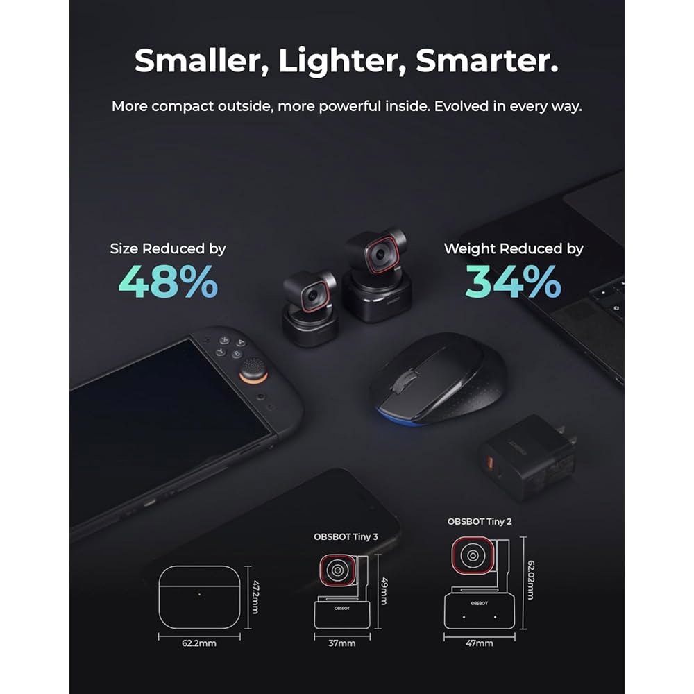 OBSBOT Tiny 3 AI 기반 공간 오디오 4K 웹캠, 1/1.28인치 센서를 갖춘 트래킹 PTZ 카메라, 트라이 마이크, 음성 및 제스처 제어, 120FPS, HDR, PC - 상세 이미지 2