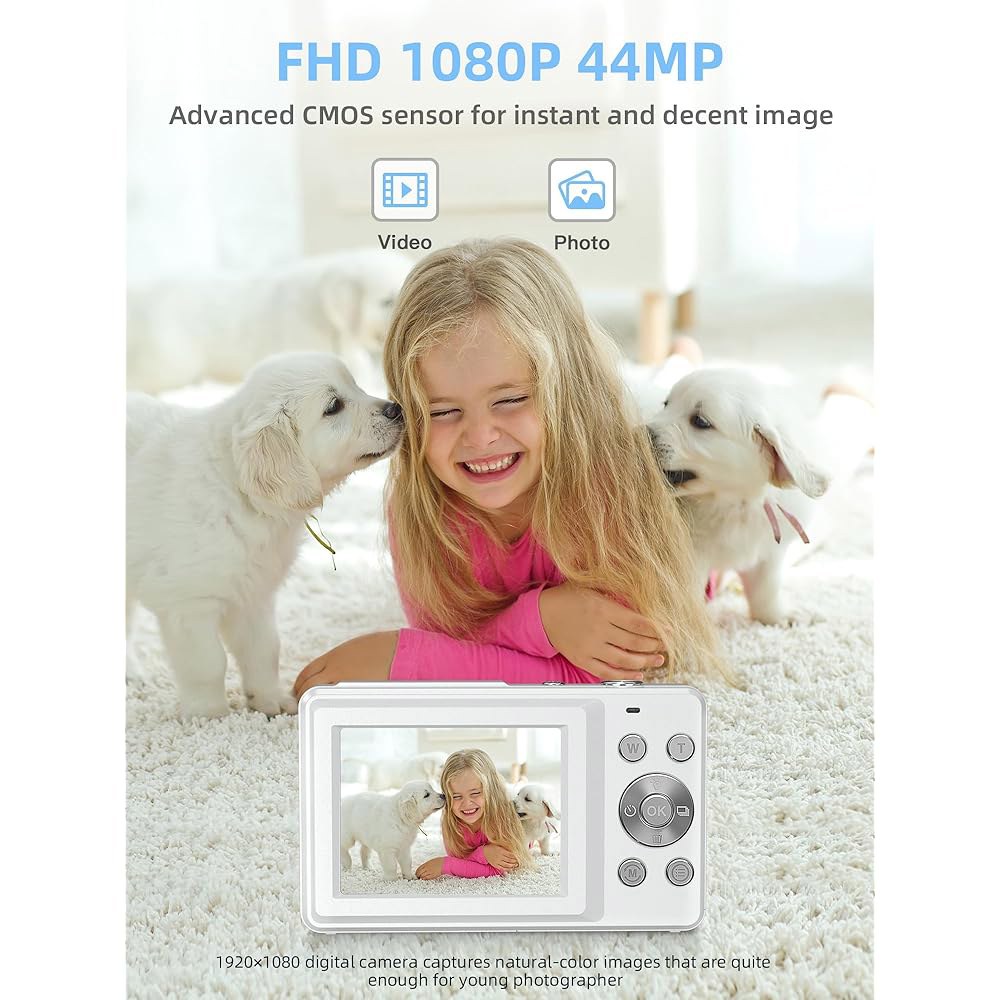 어린이용 캠코리 디지털 카메라 10대 및 스타터, FHD 1080P 포인트 슈팅 카메라, 32GB 카드 16배 줌 안티 쉐이크, 남아 여아용 선물, 흰색 Black - 상세 이미지 2