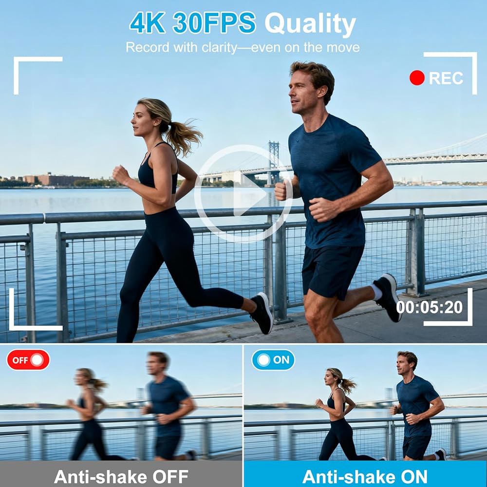 사진 및 여행용 4K 디지털 카메라, 3인치 180 플립 스크린, 16배 줌, 컴팩트 포인트 초보자를 위한 촬영 32GB 카드 포함 5,600만 화소 오토포커스 브이로그 카메라 - 상세 이미지 3
