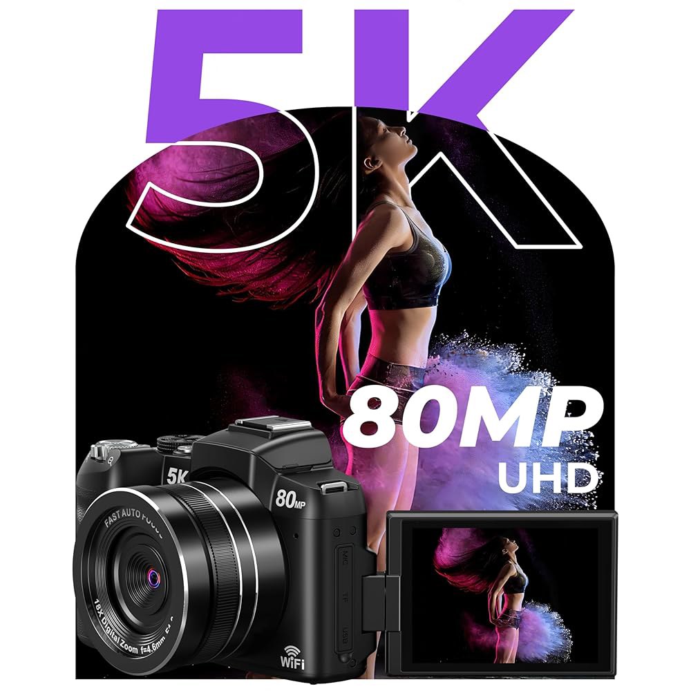 5K 디지털 카메라 - 사진 촬영을 위한 80MP WiFi 3인치 270 플립 스크린을 갖춘 UHD 고속 자동 초점 브이로그 18배 줌, 32GB 카드, 렌즈 후드를 초보자를 여행 - 상세 이미지 2