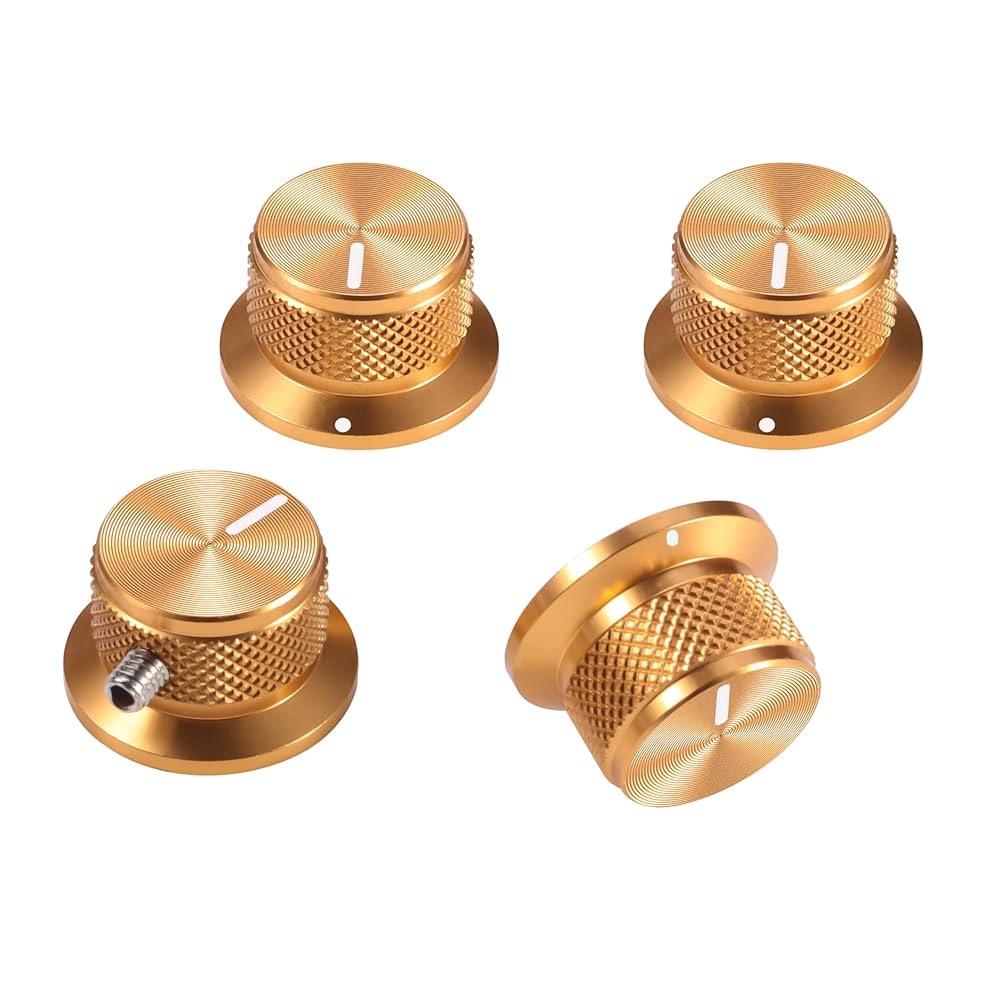 SALYMECONY 4pcs 알루미늄 포텐셜미터 노브 기타용 나사 세트가 있는 범용 탑햇 벨 컨트롤 / 베이스 AMPS 프리앰프 블랙 (골드) 표시기 포함 Black - 상품 이미지