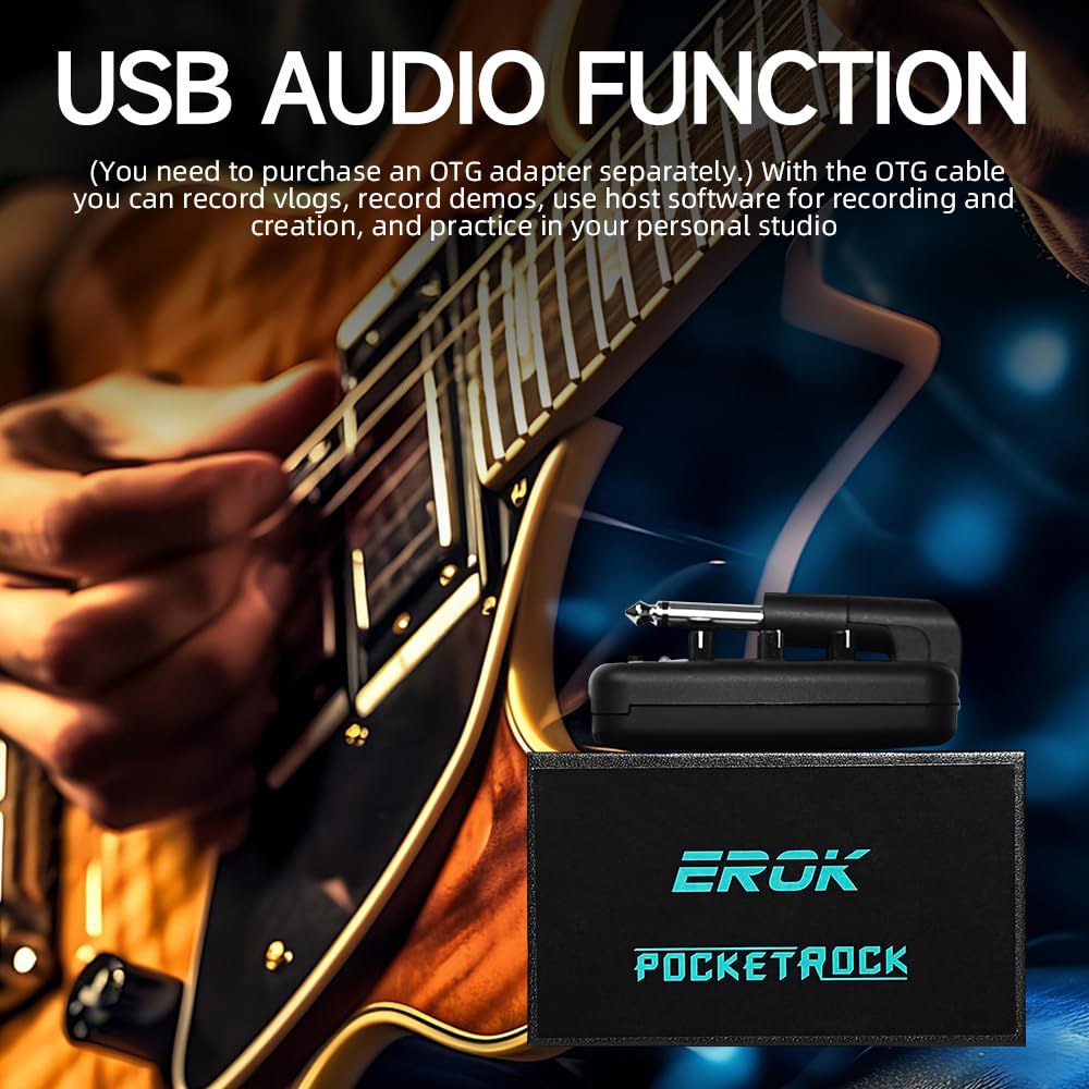 EROK 기타 헤드폰 앰프, 9가지 시뮬레이션 톤, USB 충전식 휴대용 포켓 이펙트 유닛, 무선 기능 지원 OTG 녹음 포함 - 상세 이미지 3