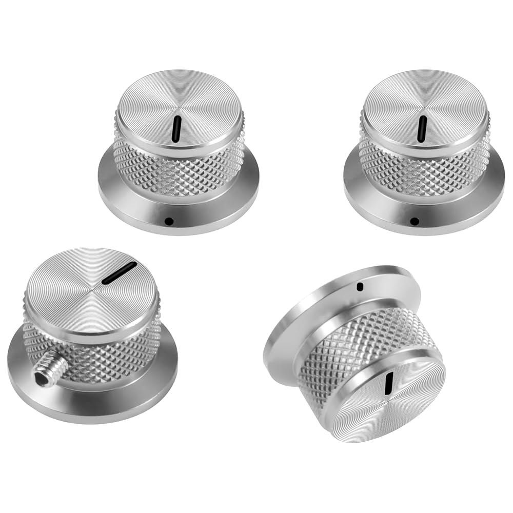 SALYMECONY 4pcs 알루미늄 포텐셔미터 노브 범용 탑햇 기타용 나사 세트 포함 벨 컨트롤 / 베이스 AMPS 프리앰프 블랙(실버) 표시기 Black - 상품 이미지