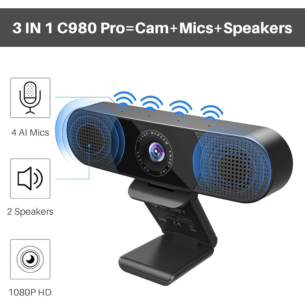EMEET C980 PRO 3-in-1 1080P 웹캠, 마이크 및 스피커 포함, 60 -98 광각 노이즈 캔슬링 4개, 2개, 자동 저조도 보정 W/커버, 온라인 컨퍼런스/클래스 - 상세 이미지 2