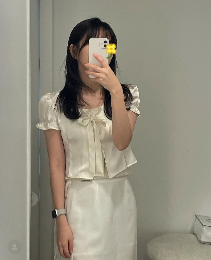 쉬폰 웨딩 크롭 셔츠 리본블라우스 레이스 반팔 남방 여름 블라우스 여성 흰색 새틴 탑 위 S - 상세 이미지 4