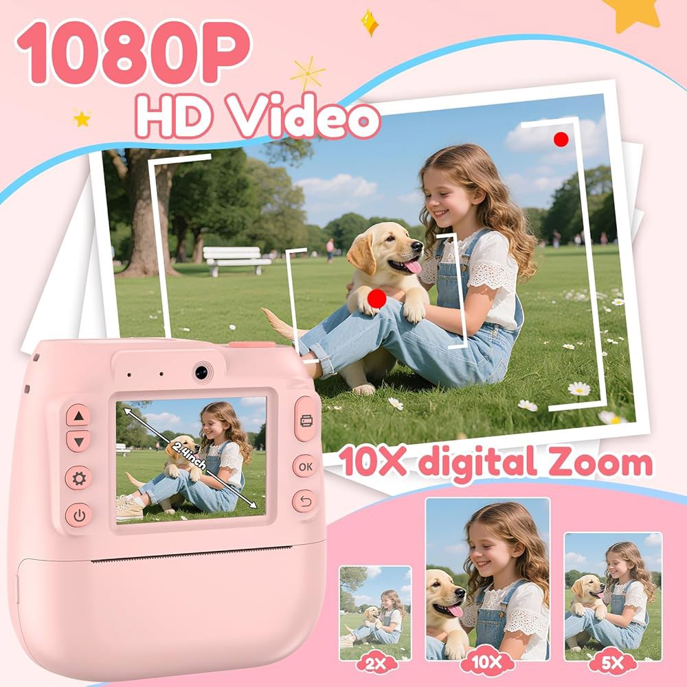 카메라 즉석 인쇄, 1080P 비디오가 포함된 카메라, 3-12세 여아를 위한 크리스마스 선물, 3 4 5 6 7 8 9 10 11세용 휴대용 여행용 디지털 프린트 장난감, 핑크색 - 상세 이미지 3