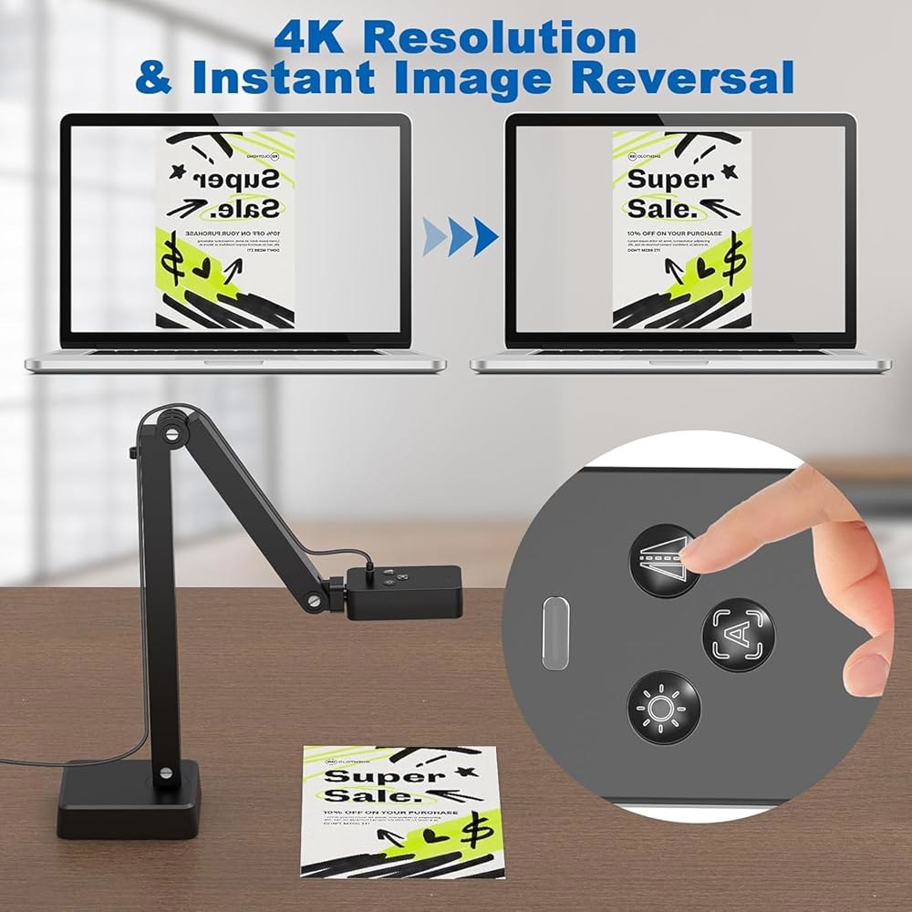 교사용 4K USB 문서 카메라, 오토 포커스 및 듀얼 마이크가 장착된 8MP 다큐 캠, LED 조명이 접이식 A3 북 스캐너 비주얼라이저 줌, 교실, 맥, 윈도우, 크롬북용 플러 - 상세 이미지 2