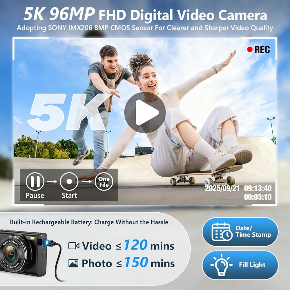 6배 광학 줌을 갖춘 5K 96MP 사진 촬영용 디지털 카메라, 듀얼 렌즈, 64GB 카드, 플래시, 흔들림 방지, 컴팩트 포인트 및 촬영 카메라를 유튜브용 오토포커스 브이로그 - 상세 이미지 2