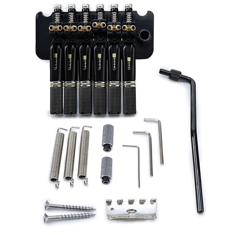 OVSAL 10.5mm 헤드리스 일렉트릭 기타 브리지 황동 블록 새들 경화 강판 2포인트 트레몰로 6줄 교체 부품 블랙 테일피스 너트  regular All Black - 상품 이미지