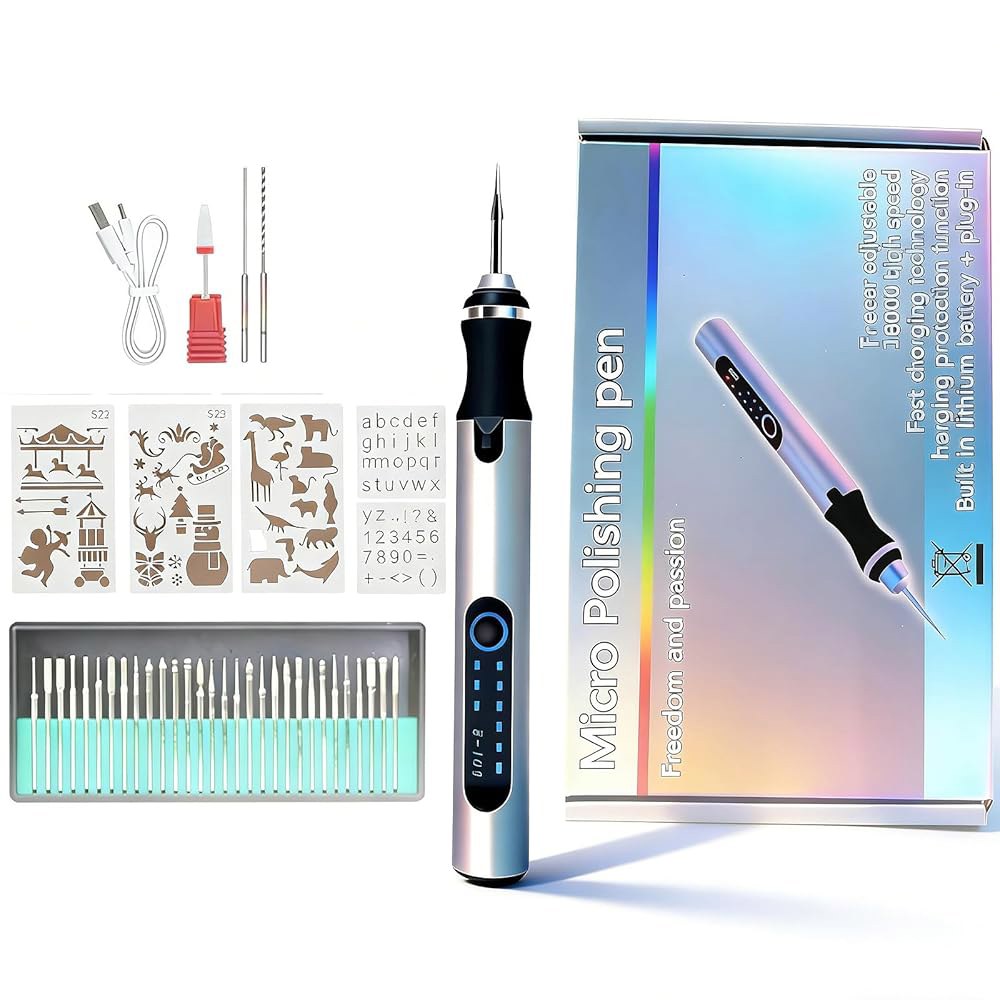 무선 충전식 각인 펜, 30개의 비트가 포함된 3단 에칭 및 조각 도구 키트, 스텐실 시트 5장, USB 충전 케이블 매뉴얼, DIY 제작을 위한 휴대용 전기 각인기 - 상품 이미지