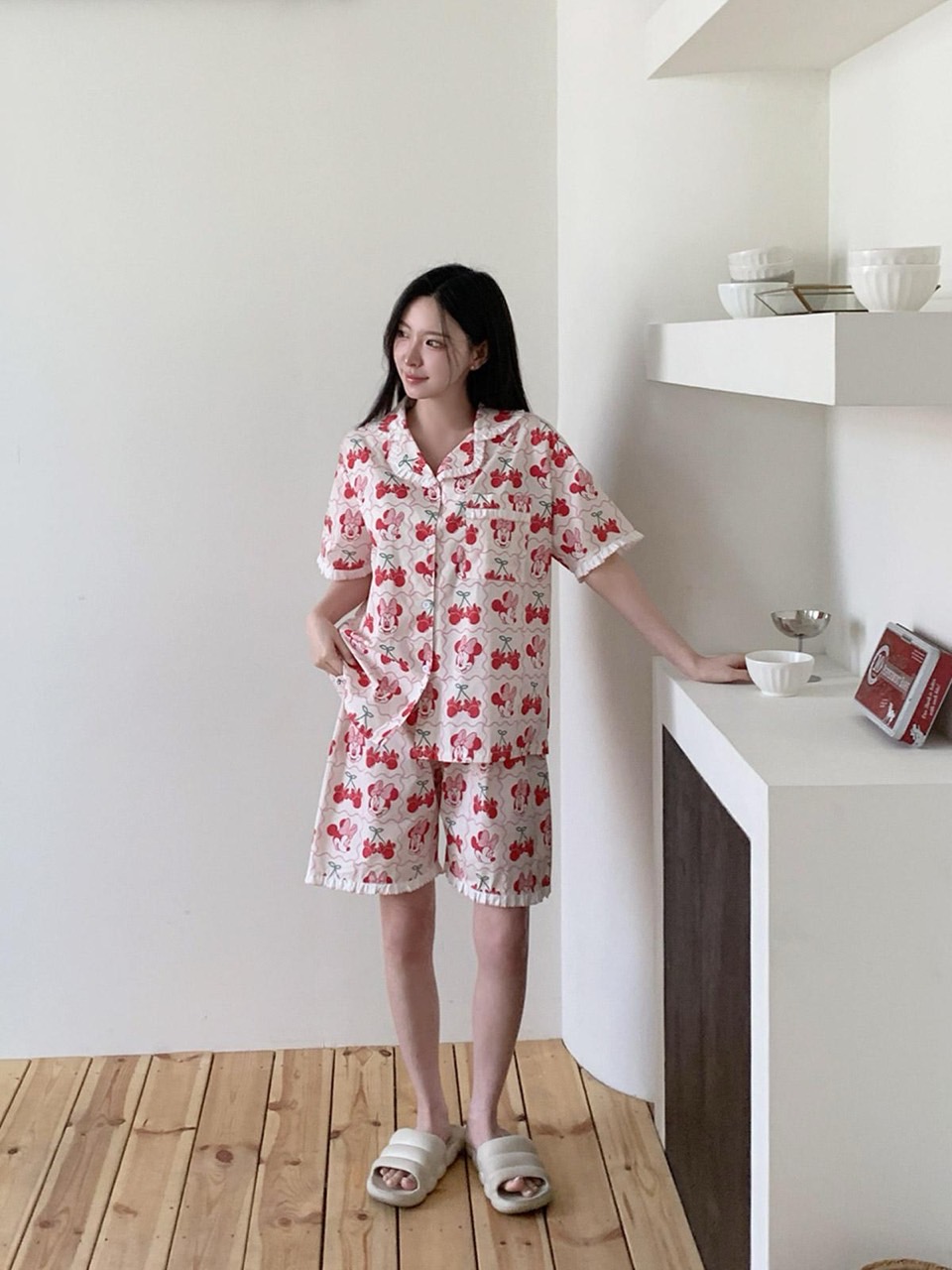 디즈니 체리 미니 잠옷 세트 핑크 여자 반바지 여름 파자마 홈웨어 선물 커플 이미지 7