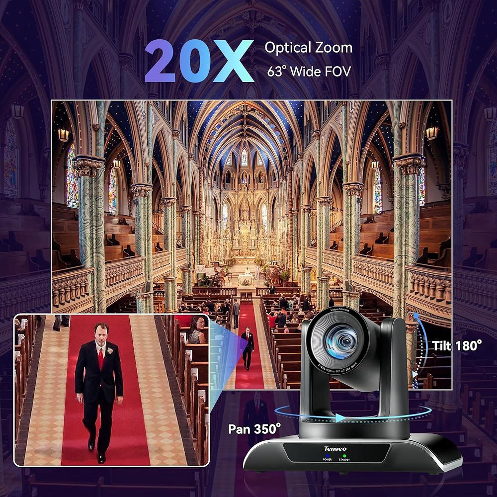 교회 예배 비디오 컨퍼런스 라이브 스트리밍을 위한 텐베오 HDMI /USB3.0 /LAN(PoE) PTZ 카메라 AI 휴머노이드 및 얼굴 자동 추적, 20배 광학 줌 IP 스트리밍 - 상세 이미지 3