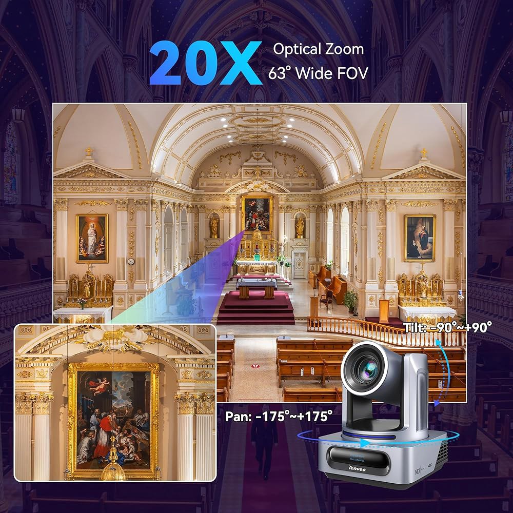 텐베오 4K NDI PTZ 카메라, AI 자동 추적, 20배 광학 줌, 3G-SDI USB3.0 HDMI LAN PoE IP 라이브 스트리밍 교회 예배 행사 방송 비디오 컨퍼런스 - 상세 이미지 2