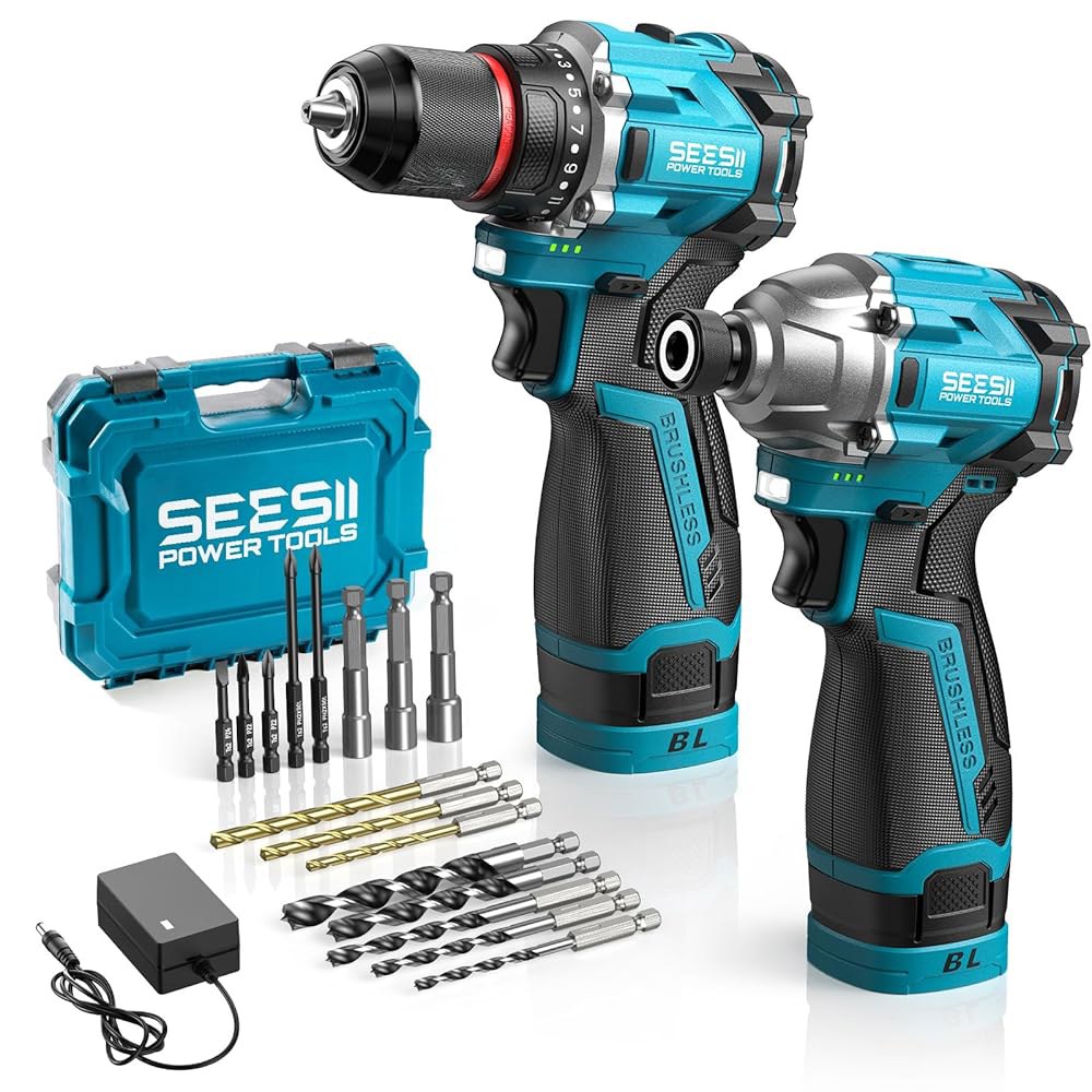 SEESII 무선 드릴 임팩트 드라이버 16.8V 브러시리스 전동 공구 콤보 키트 2x 2.0Ah 배터리, 충전기, 16개 비트, 가방, 3/8인치 및 가정용 DIY, 목공용 1/ - 상품 이미지