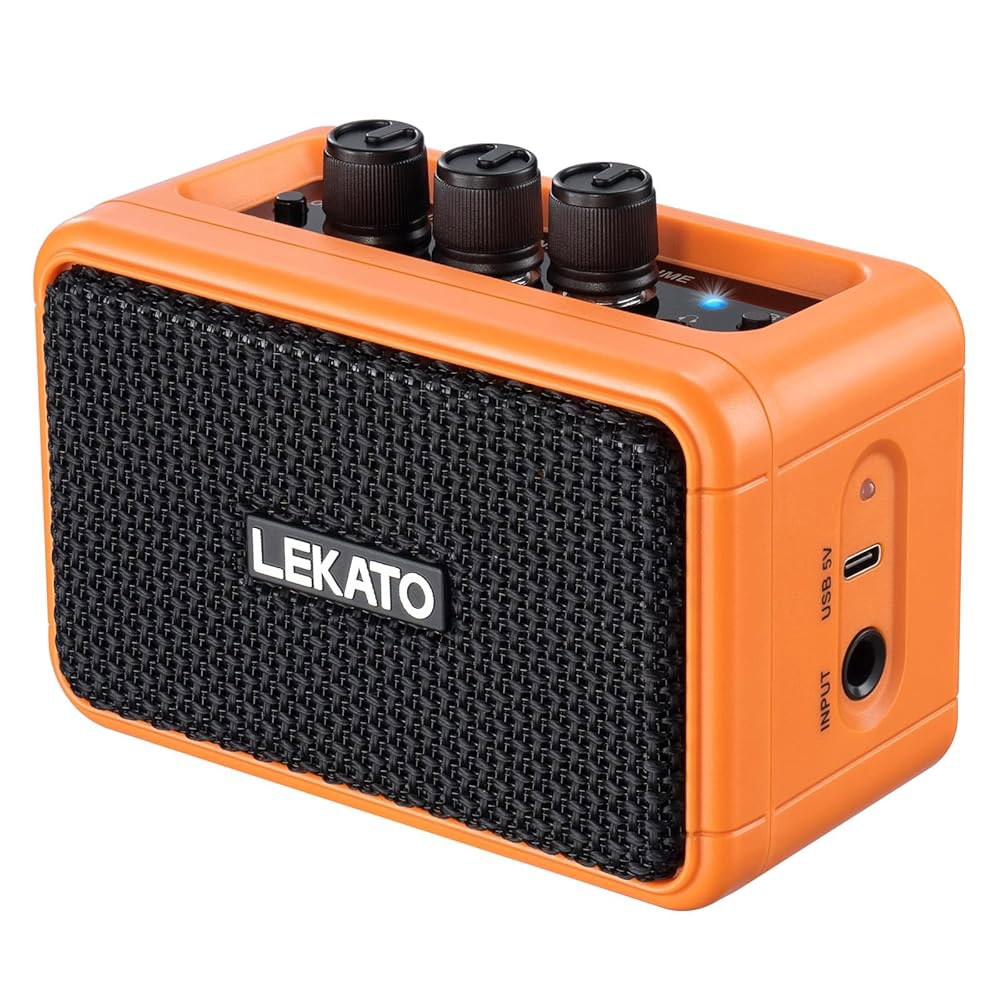 LEKATO 미니 기타 앰프 AG-04, 듀얼 스피커 5W, 충전식 일렉트릭 블루투스(클린 오버드라이브 포함), 6H 작동, 헤드폰 잭, 연습용 휴대용 여행용 오렌지 Blue - 상품 이미지