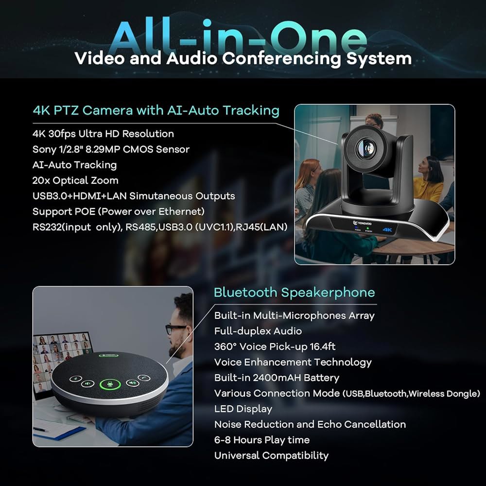 TONGVEO 4K PTZ 회의실 카메라 시스템 AI 자동 추적 20배 줌 USB3.0 HDMI LAN 출력 및 대규모 원격 회의를 위한 마이크가 있는 블루투스 스피커폰 Jet - 상세 이미지 2