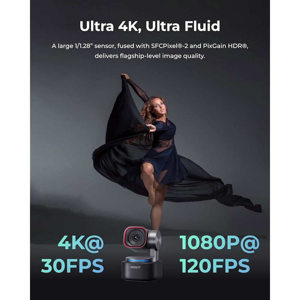 OBSBOT Tiny 3 AI 기반 공간 오디오 4K 웹캠, 1/1.28인치 센서를 갖춘 트래킹 PTZ 카메라, 트라이 마이크, 음성 및 제스처 제어, 120FPS, HDR, PC - 상세 이미지 3
