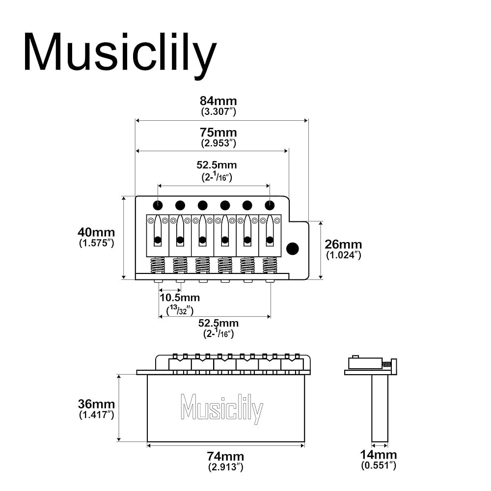 스퀴어 스트랫 스타일 일렉트릭 기타를 위한 Musicly Pro 52.5mm 모던 6스크류 트레몰로 브리지 36mm 솔리드 브라스 블록, 블랙 Chrome - 상세 이미지 2