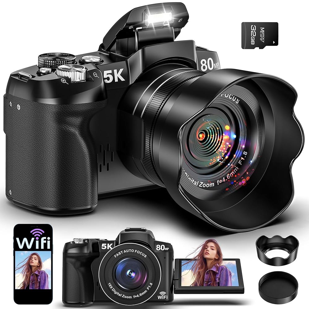 5K 디지털 카메라 - 사진 촬영을 위한 80MP WiFi 3인치 270 플립 스크린을 갖춘 UHD 고속 자동 초점 브이로그 18배 줌, 32GB 카드, 렌즈 후드를 초보자를 여행 - 상품 이미지