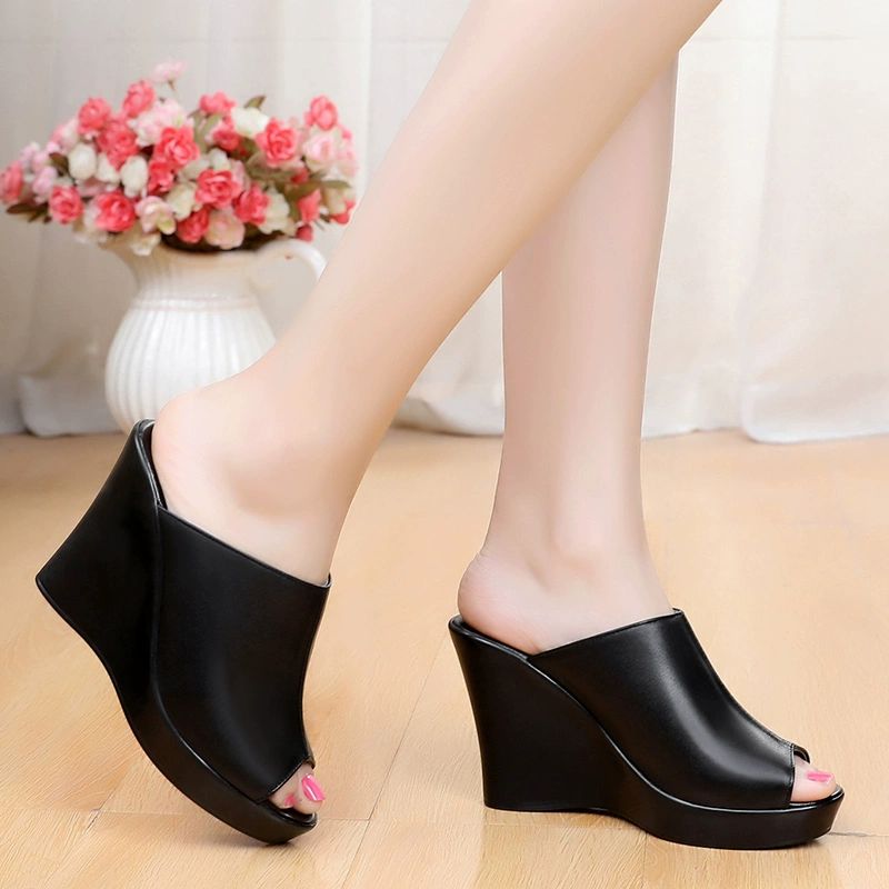 굽높은 구두 웨지힐 슬리퍼 토오픈 블랙 힐 높이 10CM - 상세 이미지 3