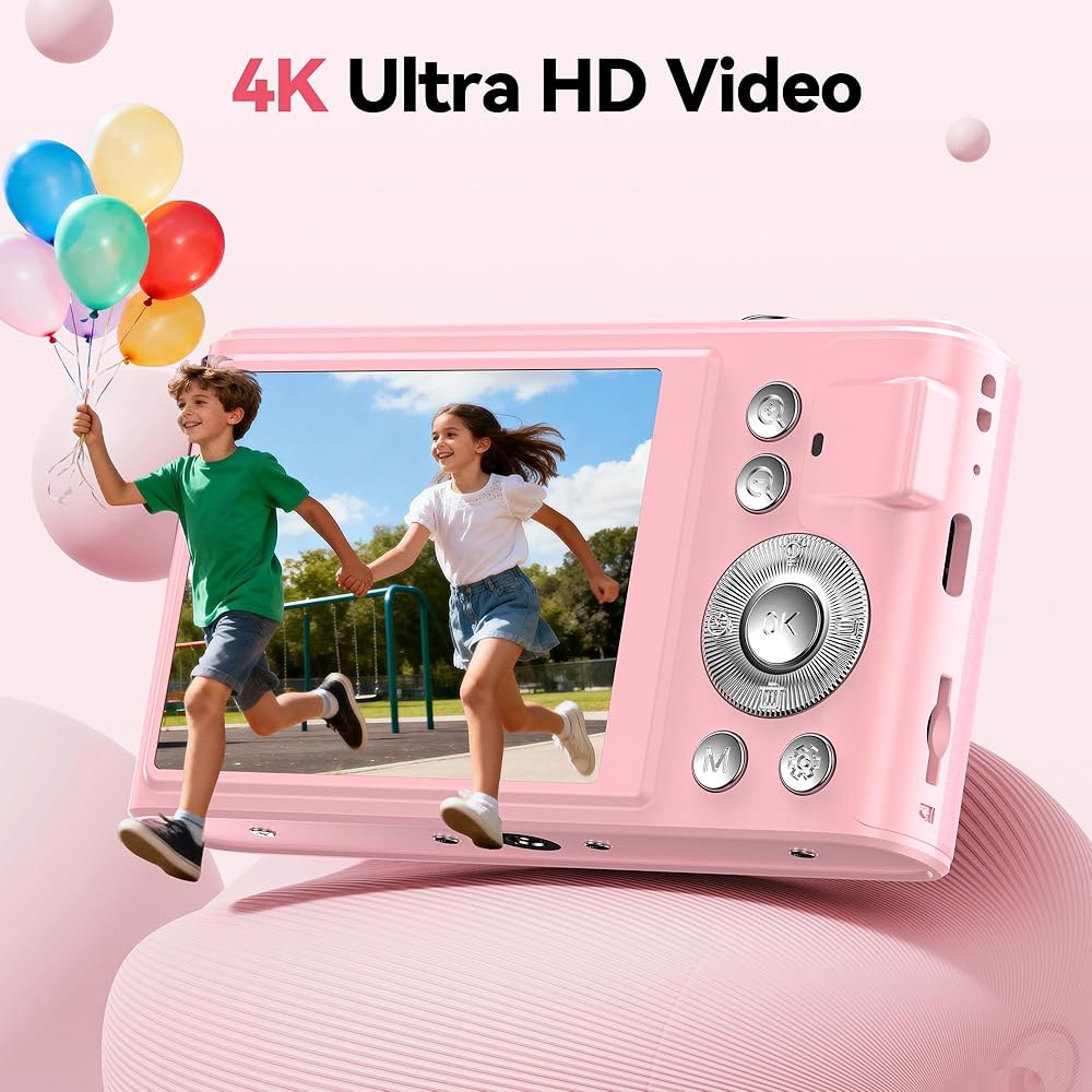 어린이용 디지털 카메라 4K 청소년용 48MP 핑크 - 소녀용 크리스마스 선물 브이로그용 16배 줌 촬영 6 7 8 9 10세 컴팩트 용 장난감 Pink - 상세 이미지 2