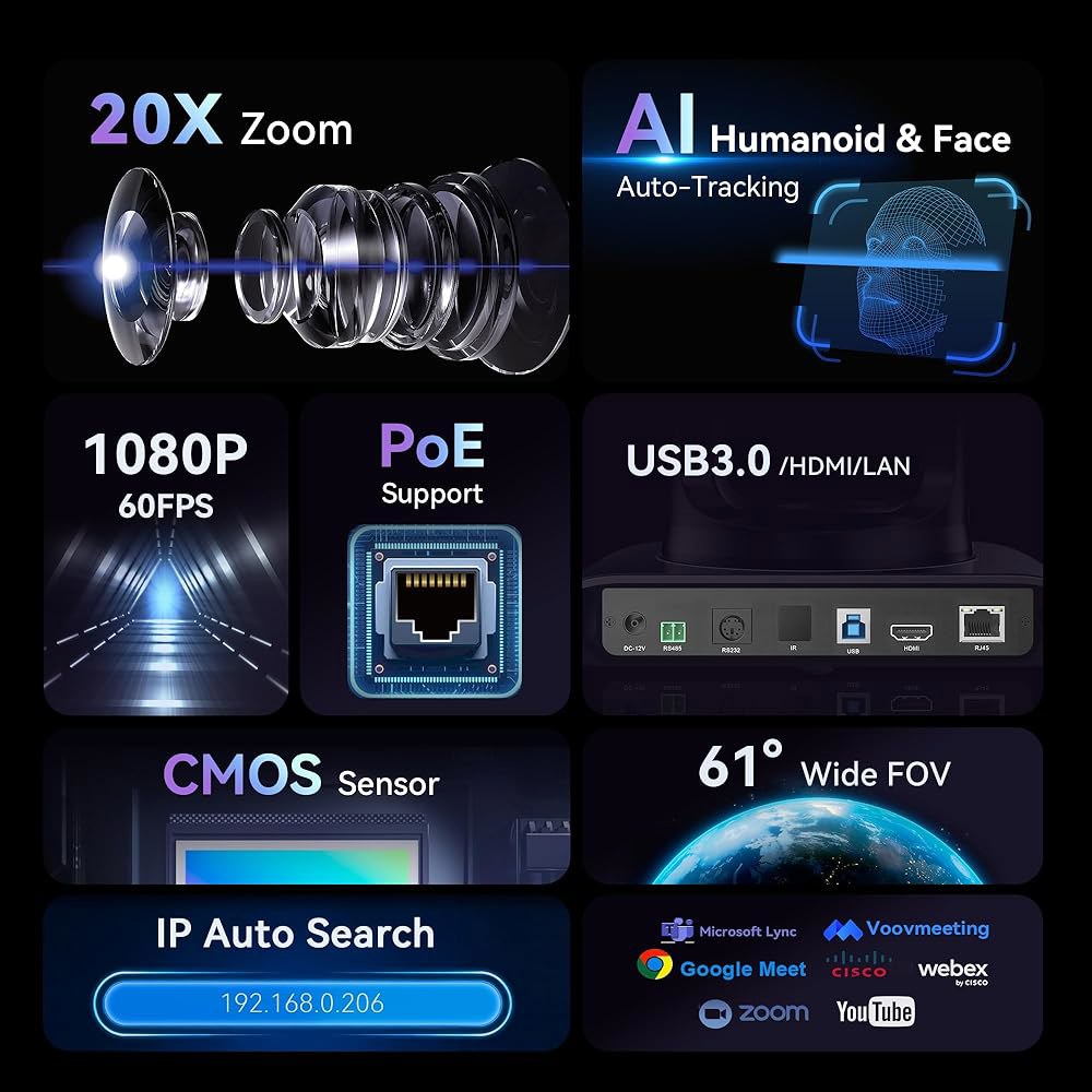 교회 예배 비디오 컨퍼런스 라이브 스트리밍을 위한 텐베오 HDMI /USB3.0 /LAN(PoE) PTZ 카메라 AI 휴머노이드 및 얼굴 자동 추적, 20배 광학 줌 IP 스트리밍 - 상세 이미지 2
