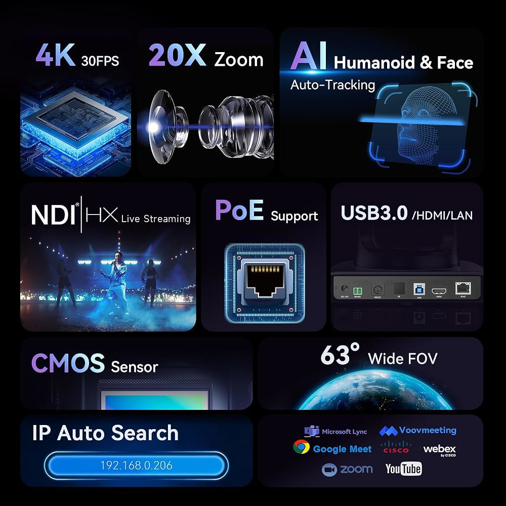 텐베오 4K NDI PTZ 카메라 AI 휴머노이드 및 얼굴 자동 추적, HDMI /LAN /USB3.0 PoE 20배 광학 줌 IP 라이브 스트리밍, 교회 예배 비디오 컨퍼런스 - 상세 이미지 2