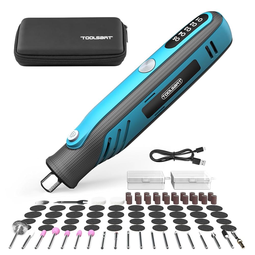 TOOLSBAT 무선 로터리 툴 키트 - 84개의 액세서리가 포함된 5단 파워 툴, 4V 충전식 LED 스크린 디스플레이, 연마 드릴 커팅 수제/DIY 크리에이션용 박스 - 상품 이미지