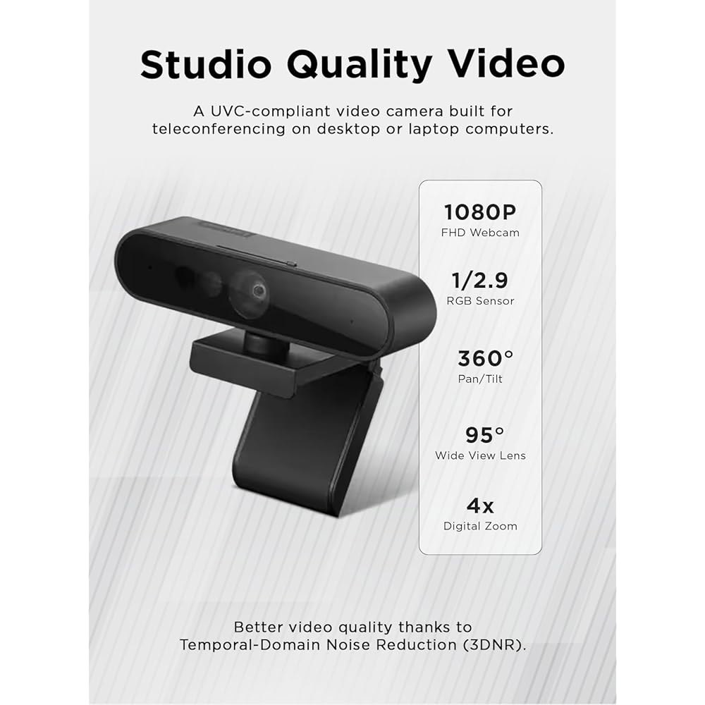 레노버 퍼포먼스 FHD 1080p 웹캠 USB-C, Windows Hello, 듀얼 마이크, 95도 렌즈 및 4배 디지털 줌, 슬라이딩 프라이버시 셔터, 블랙으로 로그인합니다 - 상세 이미지 3