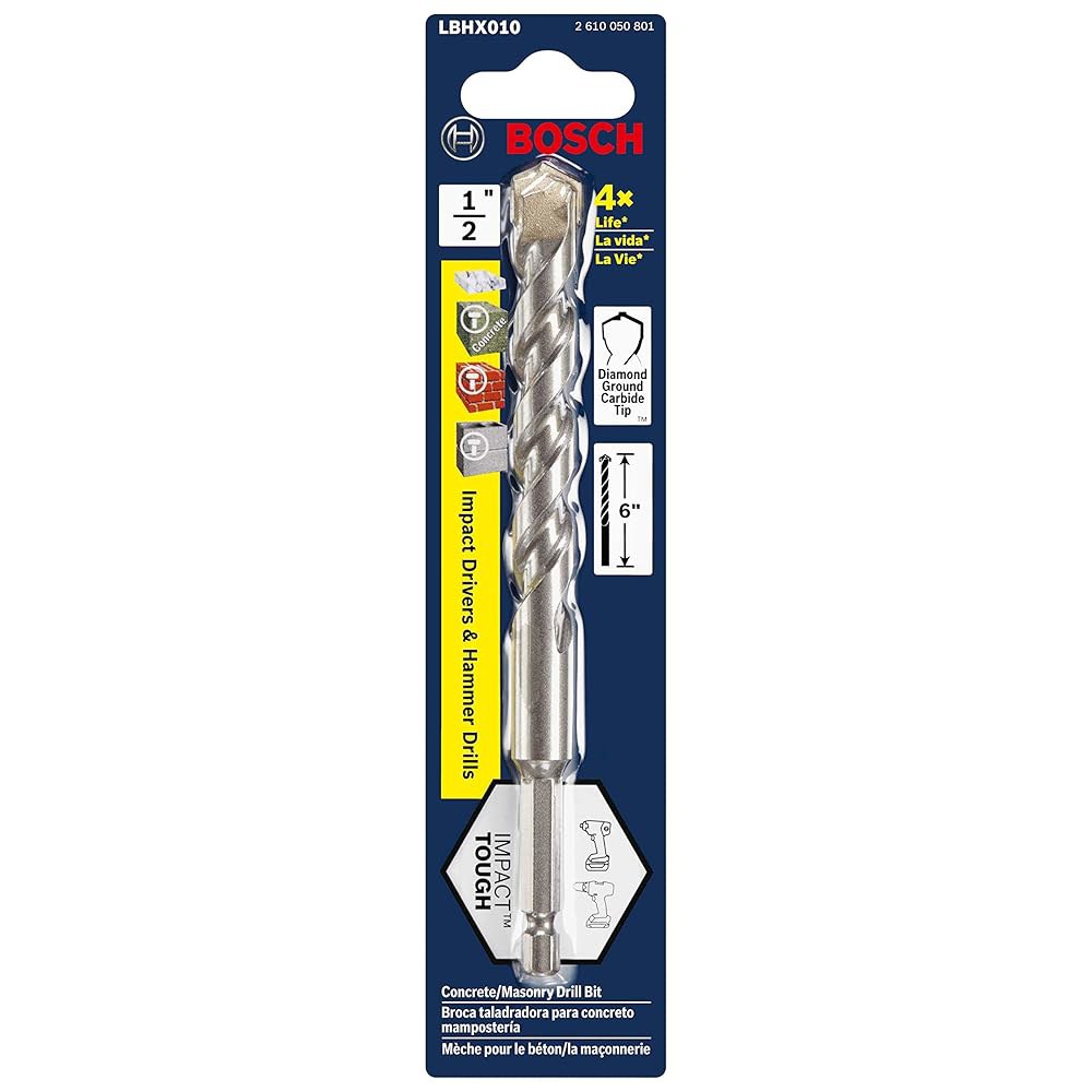 BOSCH LBHX010 1/2 x 6 헥스 섕크 해머 드릴 메이슨리 비트, 임팩트 드라이버 및 드릴용 카바이드 팁, 4배 수명, 콘크리트, 벽돌 블록에서의 빠른 드릴링 - 상세 이미지 2