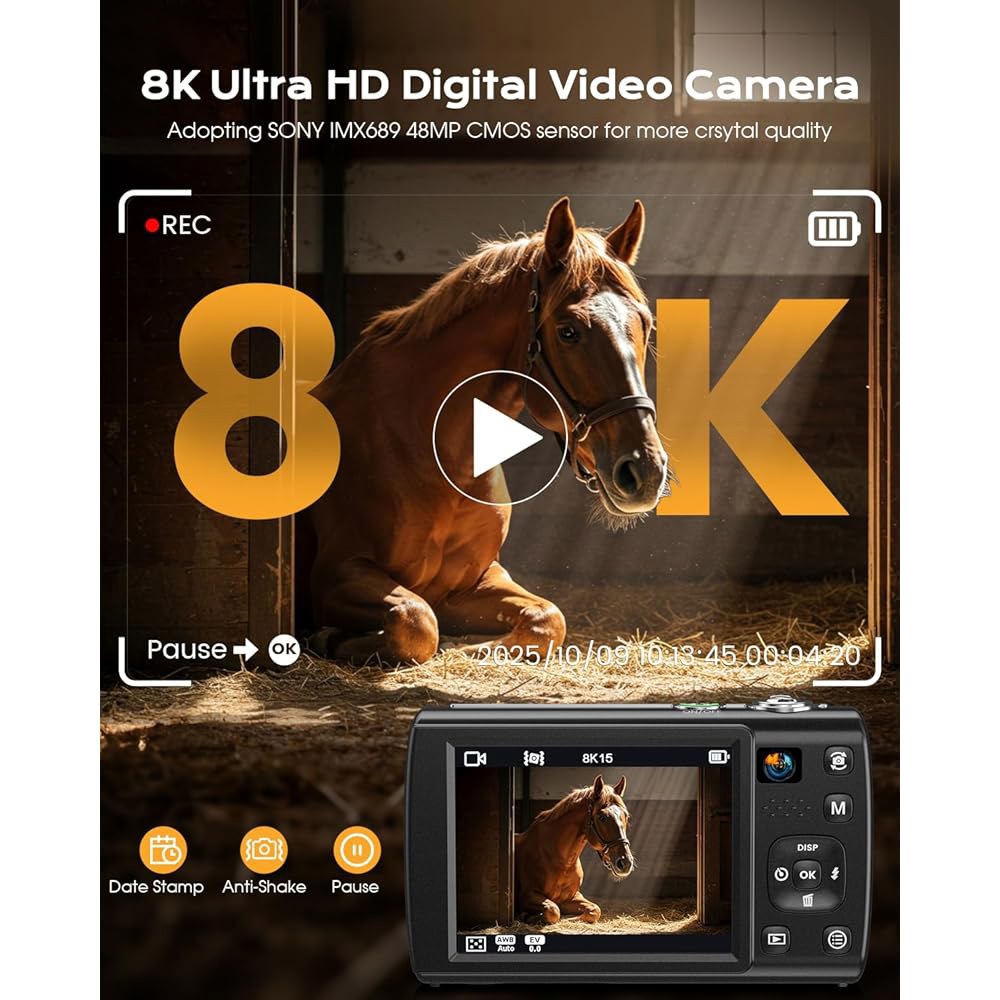 사진 촬영용 8K 디지털 카메라, 듀얼 렌즈, 터치 스크린, 오토포커스 흔들림 방지, 16배 줌, 컴팩트 여행용 32GB 카드, 배터리 2개, 블랙 색상의 최신 WiFi 8800M - 상세 이미지 2